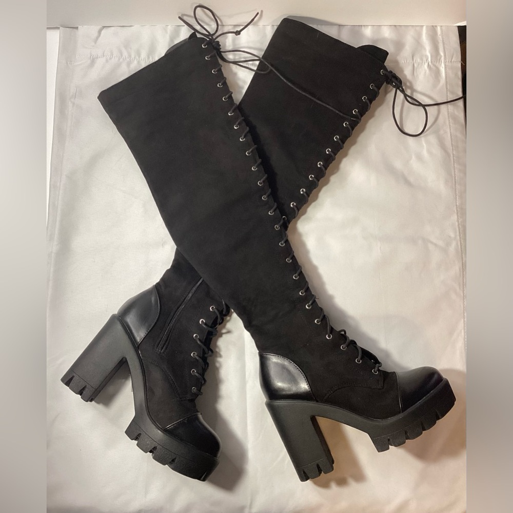 Black Lace Up Knee High Faux Suede Boots with Heels and Zippers